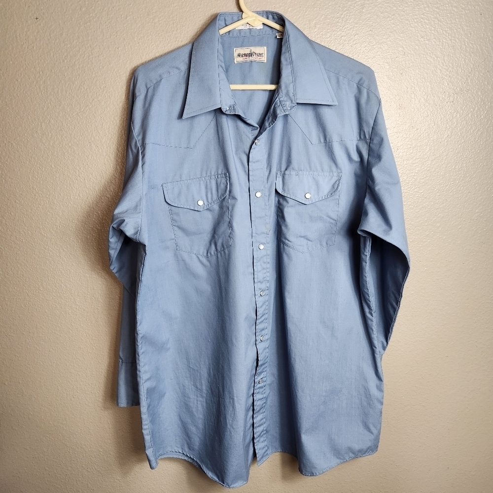 Northern Plains Mens |16.5x33| VTG LS Blue Western Pearl Snap Point Collar Shirt